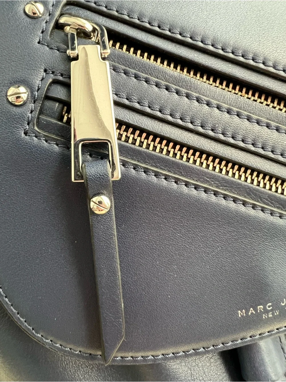 Marc Jacobs Navy Leather Drawstring Backpack with Zipper Details